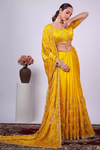 Trendy yellow embroidered border fandy satin saree with unstitched blouse