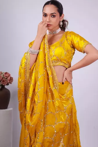 Trendy yellow embroidered border fandy satin saree with unstitched blouse