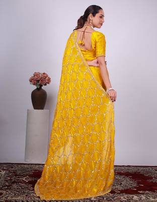 Trendy yellow embroidered border fandy satin saree with unstitched blouse 5