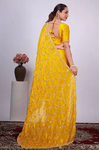 Trendy yellow embroidered border fandy satin saree with unstitched blouse