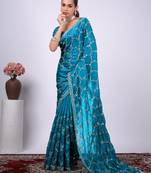 Traditional teal blue embroidered border fandy satin saree with unstitched blouse