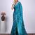 Traditional teal blue embroidered border fandy satin saree with unstitched blouse