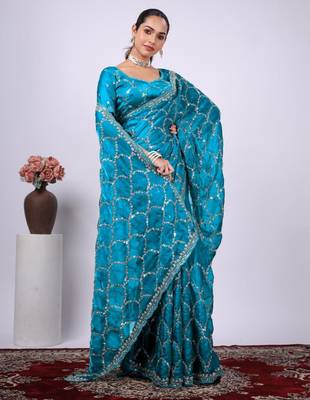 Traditional teal blue embroidered border fandy satin saree with unstitched blouse 3