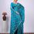 Traditional teal blue embroidered border fandy satin saree with unstitched blouse