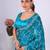 Traditional teal blue embroidered border fandy satin saree with unstitched blouse