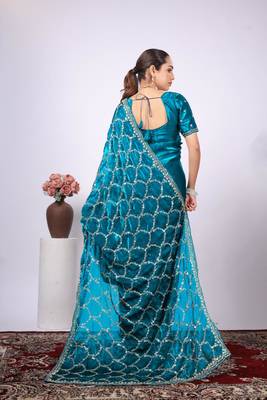 Traditional teal blue embroidered border fandy satin saree with unstitched blouse 5