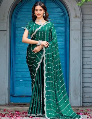 Indian green embellished pattern with border fandy satin saree with unstitched blouse 1
