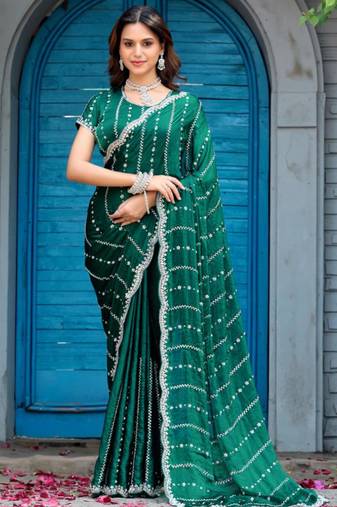 Indian green embellished pattern with border fandy satin saree with unstitched blouse
