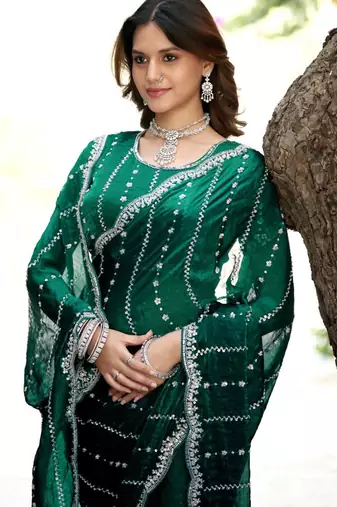 Indian green embellished pattern with border fandy satin saree with unstitched blouse