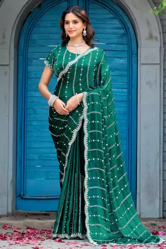 Indian green embellished pattern with border fandy satin saree with unstitched blouse
