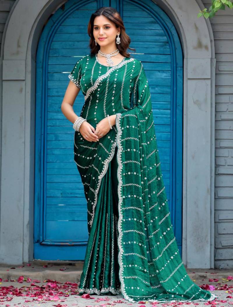 Indian green embellished pattern with border fandy satin saree with unstitched blouse