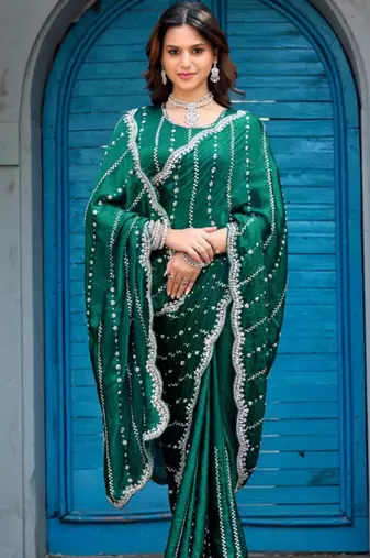 Indian green embellished pattern with border fandy satin saree with unstitched blouse