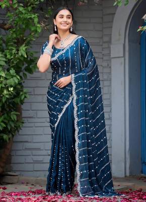 Ethnic midnight blue embellished pattern with border fandy satin saree with unstitched blouse 1