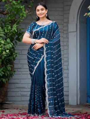 Ethnic midnight blue embellished pattern with border fandy satin saree with unstitched blouse 2