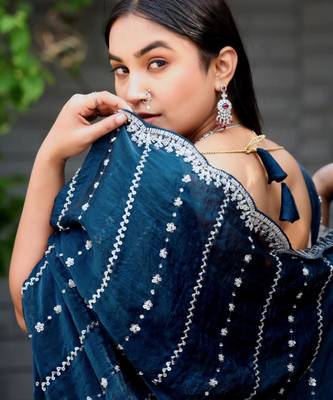 Ethnic midnight blue embellished pattern with border fandy satin saree with unstitched blouse 4