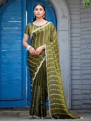 Trendy olive green embellished pattern with border fandy satin saree with unstitched blouse 1