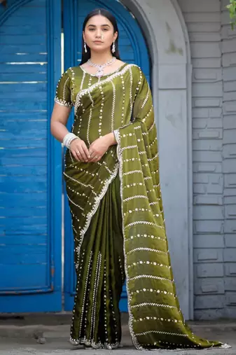 Trendy olive green embellished pattern with border fandy satin saree with unstitched blouse