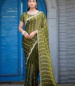 Trendy olive green embellished pattern with border fandy satin saree with unstitched blouse