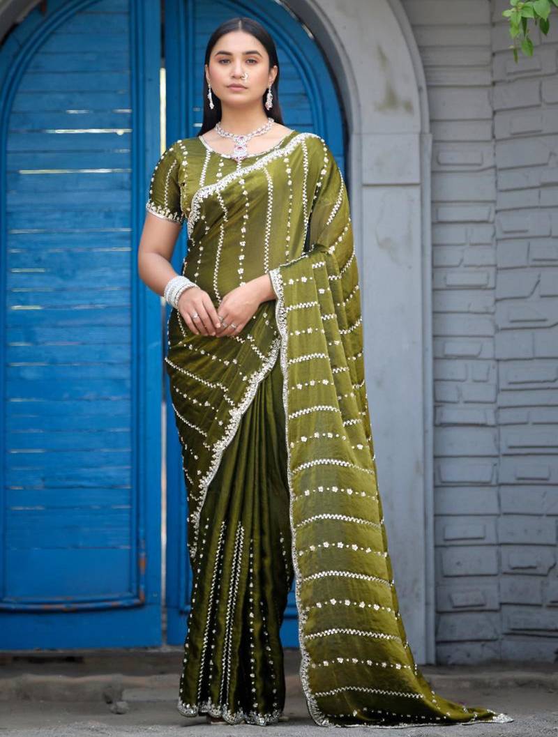 Trendy olive green embellished pattern with border fandy satin saree with unstitched blouse
