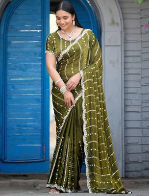 Trendy olive green embellished pattern with border fandy satin saree with unstitched blouse 2