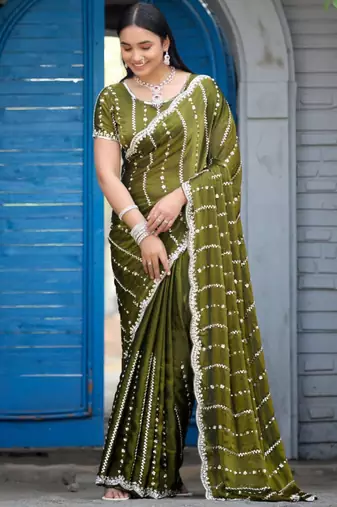 Trendy olive green embellished pattern with border fandy satin saree with unstitched blouse