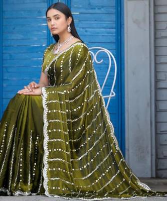 Trendy olive green embellished pattern with border fandy satin saree with unstitched blouse 3