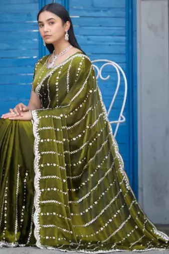 Trendy olive green embellished pattern with border fandy satin saree with unstitched blouse