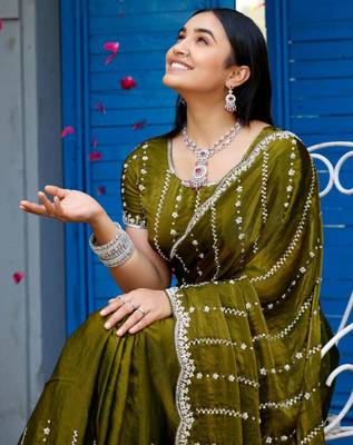 Trendy olive green embellished pattern with border fandy satin saree with unstitched blouse 4