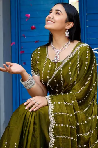 Trendy olive green embellished pattern with border fandy satin saree with unstitched blouse