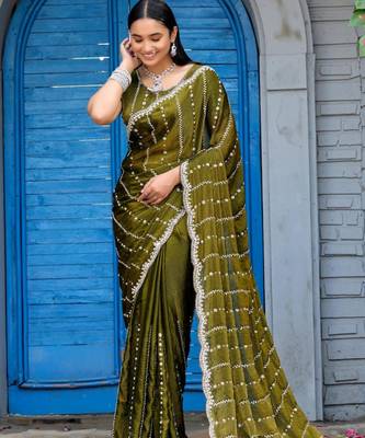 Trendy olive green embellished pattern with border fandy satin saree with unstitched blouse 5