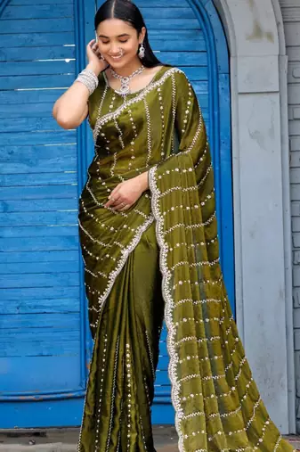Trendy olive green embellished pattern with border fandy satin saree with unstitched blouse