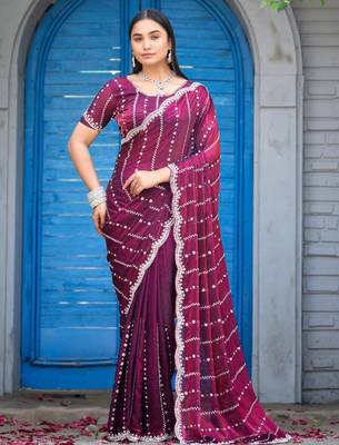 Traditional wine purple embellished pattern with border fandy satin saree with unstitched blouse 1