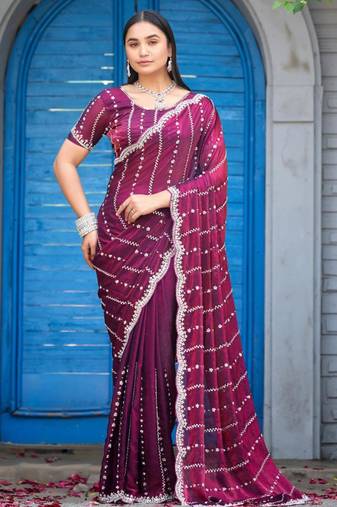 Traditional wine purple embellished pattern with border fandy satin saree with unstitched blouse