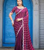 Traditional wine purple embellished pattern with border fandy satin saree with unstitched blouse