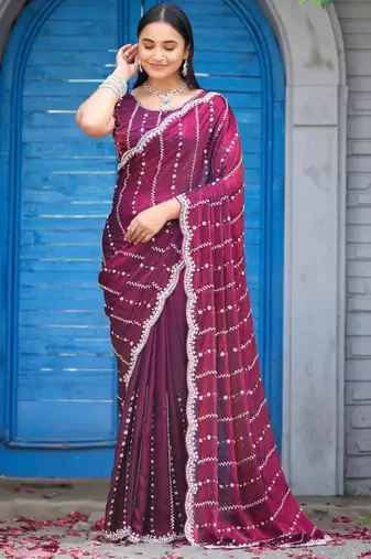 Traditional wine purple embellished pattern with border fandy satin saree with unstitched blouse
