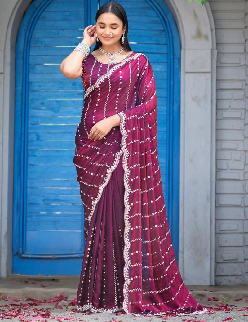 Traditional wine purple embellished pattern with border fandy satin saree with unstitched blouse