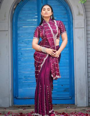 Traditional wine purple embellished pattern with border fandy satin saree with unstitched blouse 3