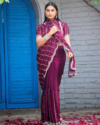 Traditional wine purple embellished pattern with border fandy satin saree with unstitched blouse 4