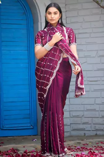 Traditional wine purple embellished pattern with border fandy satin saree with unstitched blouse