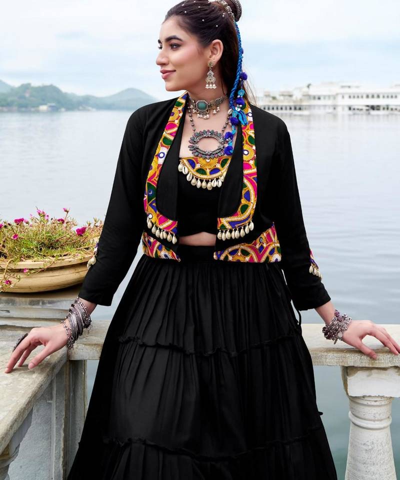 black rayon plain traditional lehenga choli with free size upto 42