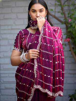 Traditional wine purple embellished pattern with border fandy satin saree with unstitched blouse 5