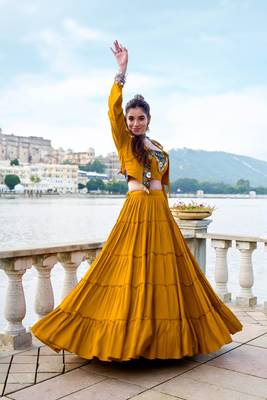 mustard rayon plain traditional lehenga choli with free size upto 42 1