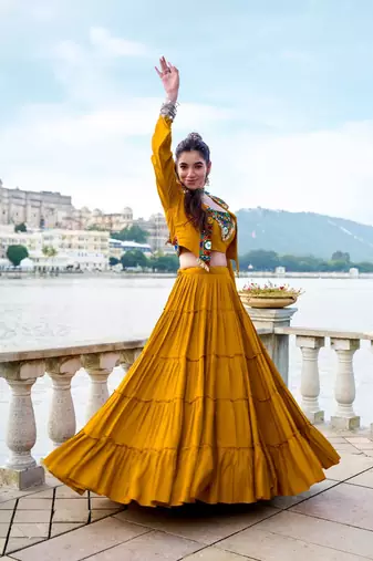 mustard rayon plain traditional lehenga choli with free size upto 42