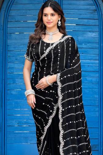 Indian black embellished pattern with border fandy satin saree with unstitched blouse