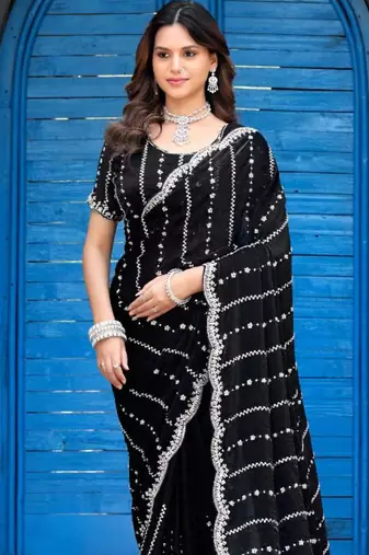 Indian black embellished pattern with border fandy satin saree with unstitched blouse