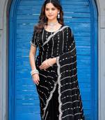 Indian black embellished pattern with border fandy satin saree with unstitched blouse