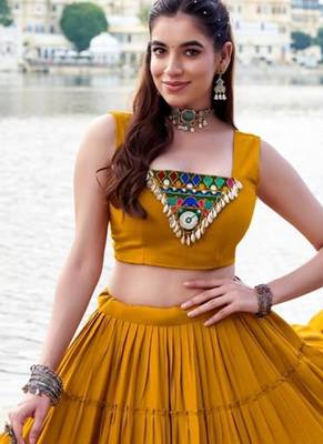 mustard rayon plain traditional lehenga choli with free size upto 42 2
