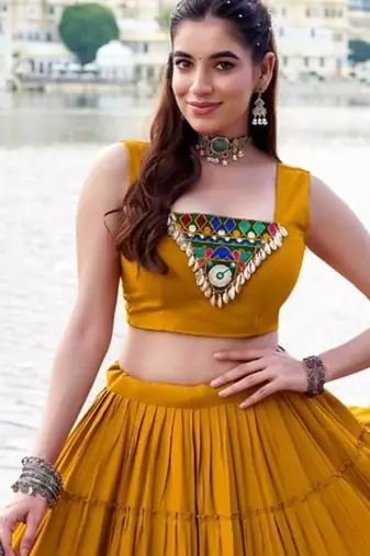 mustard rayon plain traditional lehenga choli with free size upto 42