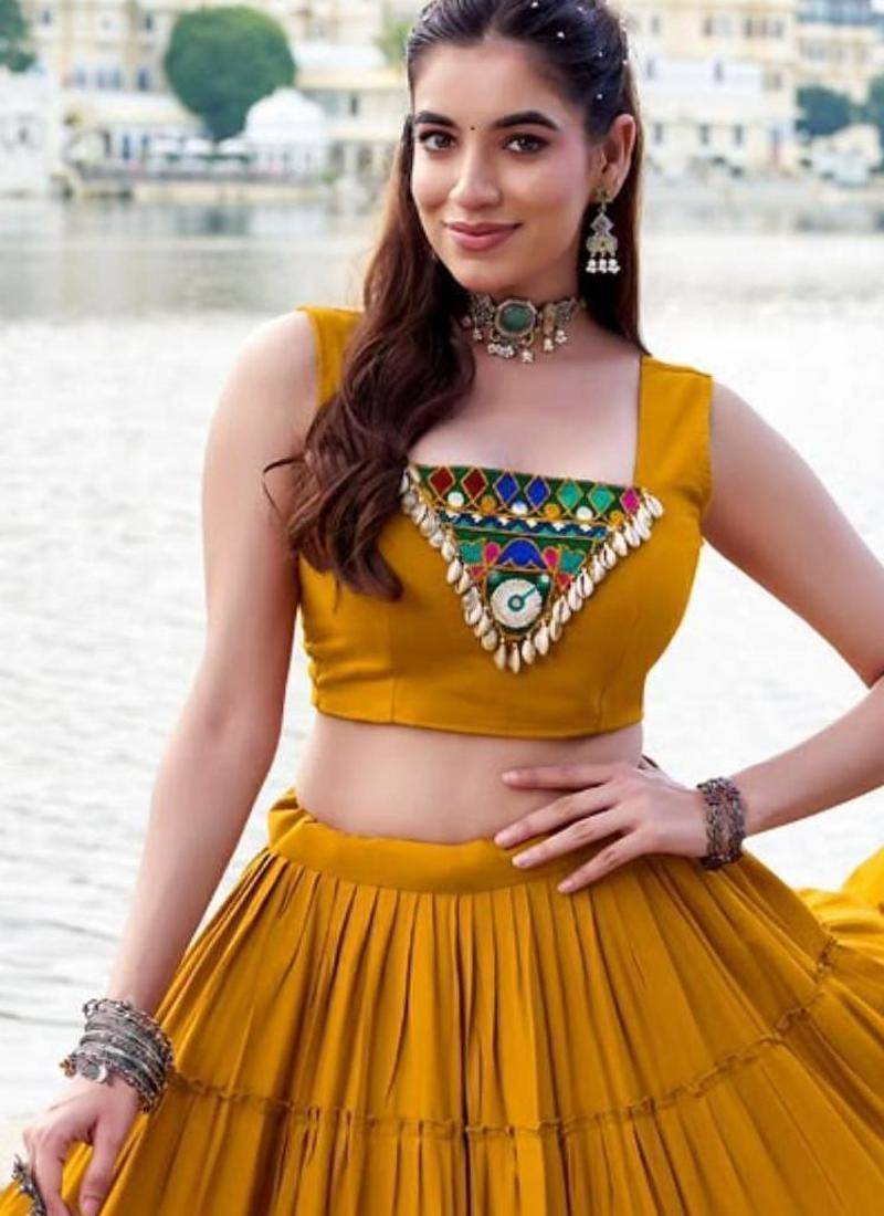 mustard rayon plain traditional lehenga choli with free size upto 42