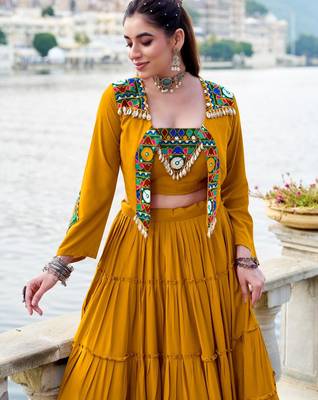 mustard rayon plain traditional lehenga choli with free size upto 42 3